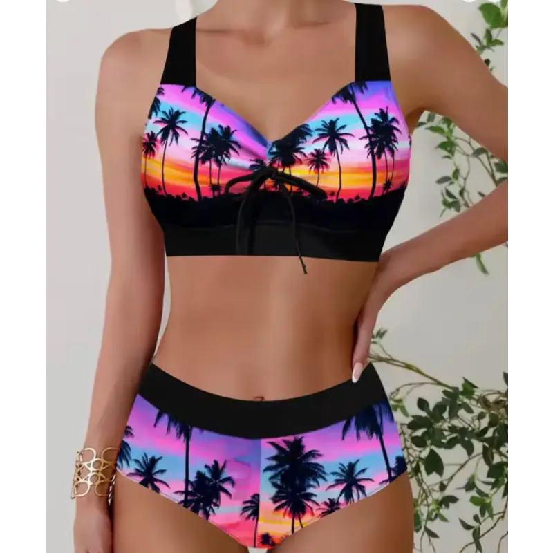 Palm tree print two-piece swimsuit.