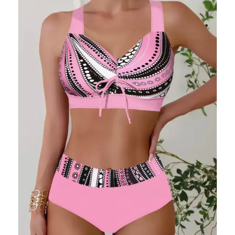 Pink patterned two-piece swimsuit.