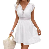 White eyelet V-neck dress.