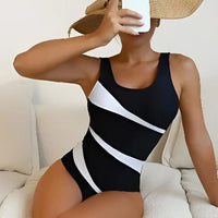 Black and white striped swimsuit.