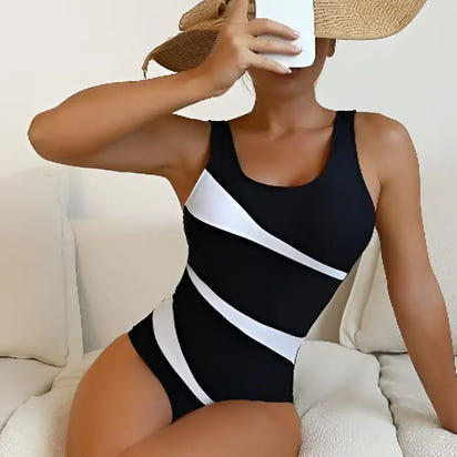 Black and white striped swimsuit.