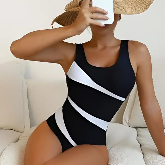 Black and white striped swimsuit.