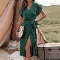 Emerald green wrap dress.