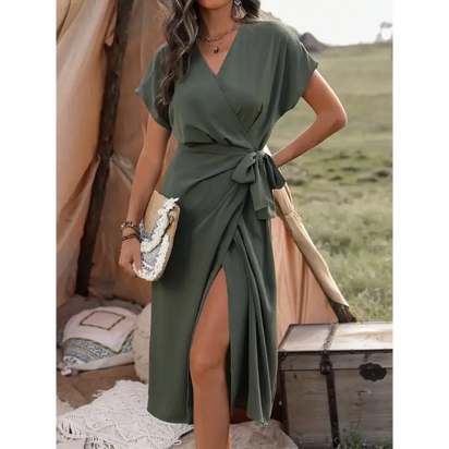 Olive green wrap dress.
