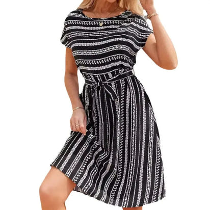 Black and white striped dress.