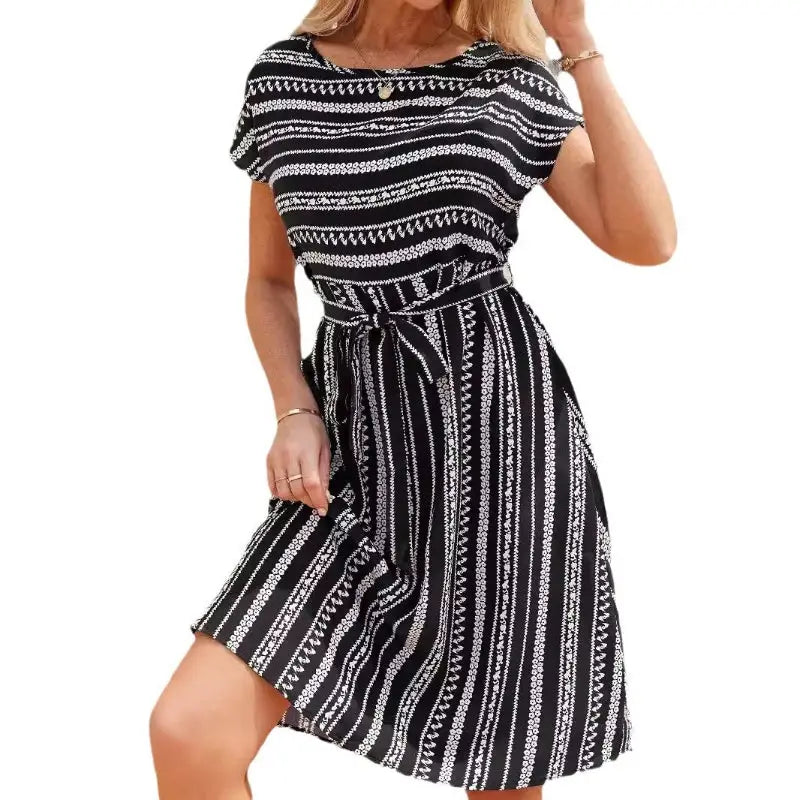 Black and white striped dress.