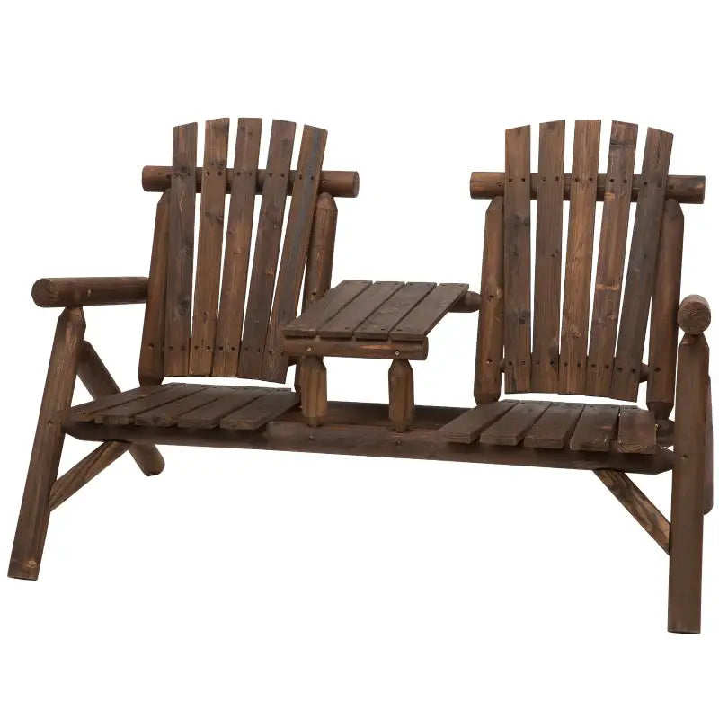 Rustic wood Adirondack patio chair with center table on carbonized wood bench