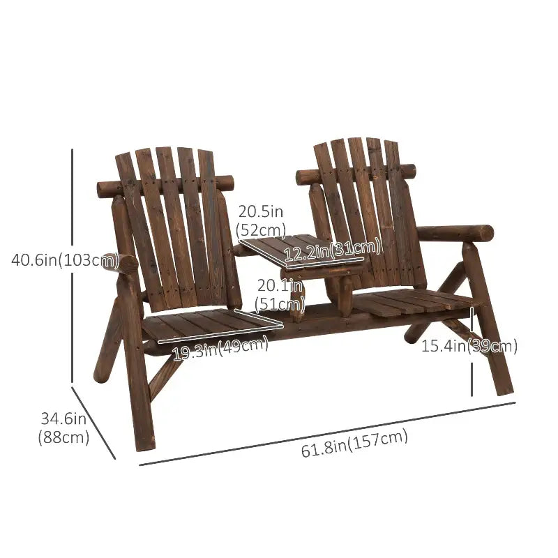 Wood Adirondack patio chair bench with dimensions in carbonized wood finish