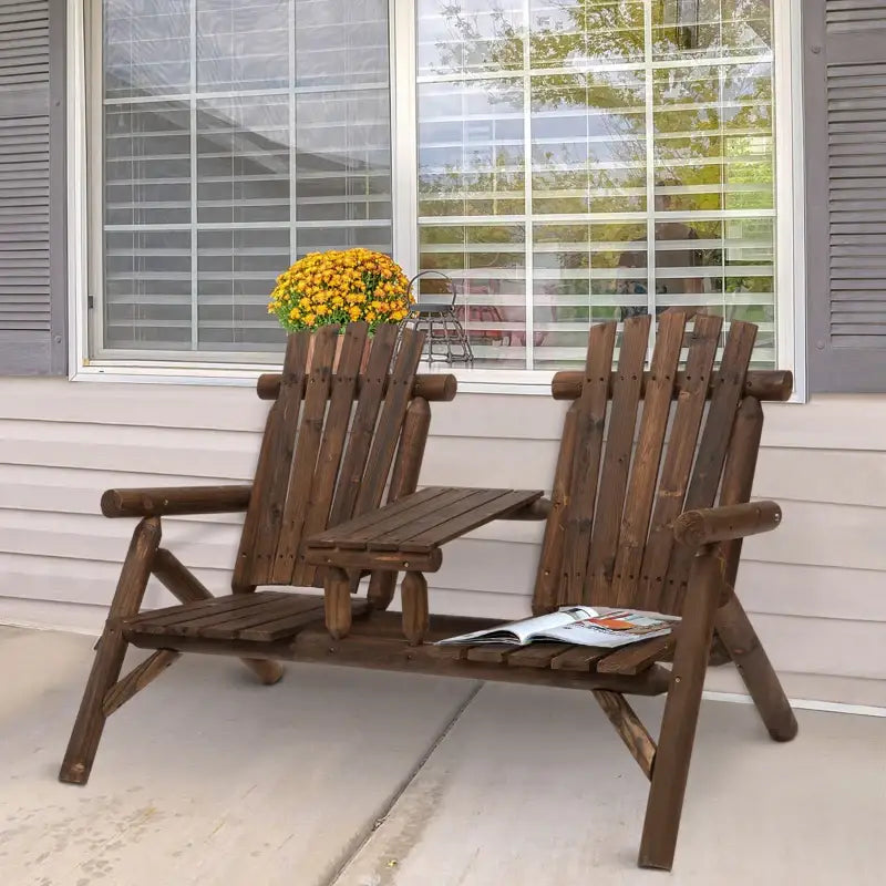 Wood Adirondack patio chair with double design and center table, made from carbonized wood bench