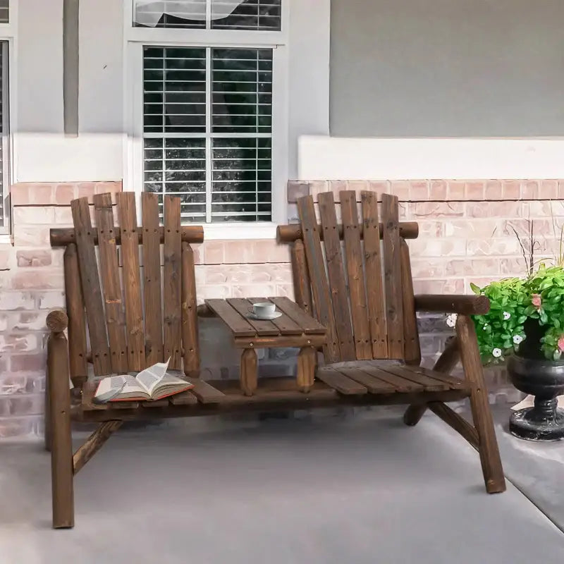 Rustic wood Adirondack patio chair with carbonized wood bench and center table