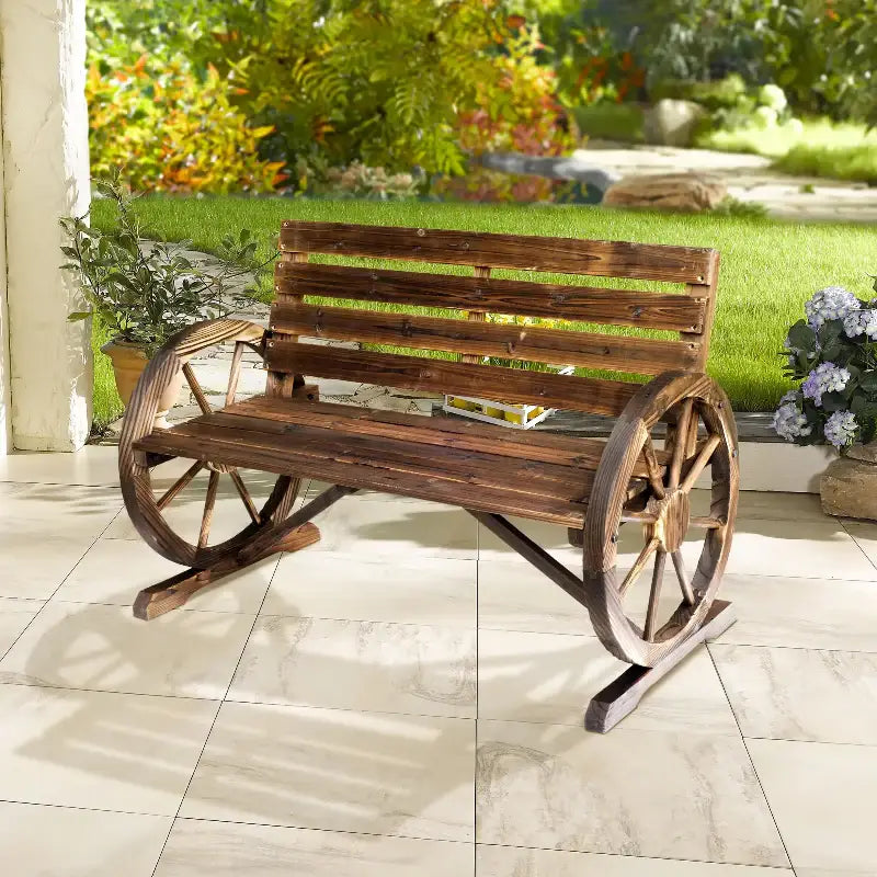 Rustic Wood Wagon Wheel Bench made from durable wood wagon wheel for outdoor decor