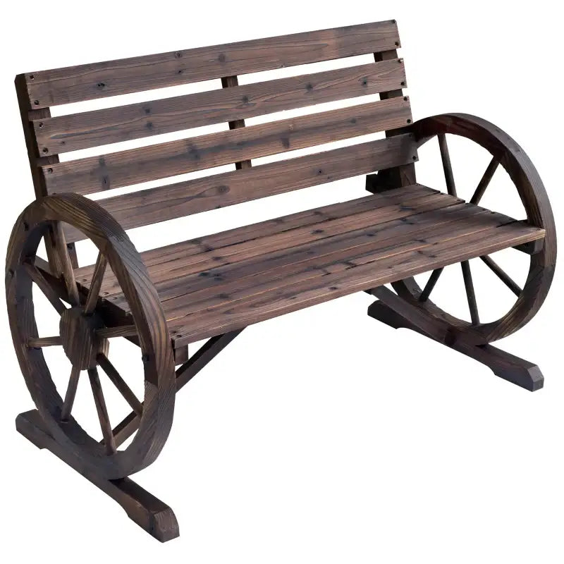 Rustic wood wagon wheel bench made from authentic wood wagon wheel for outdoor decor