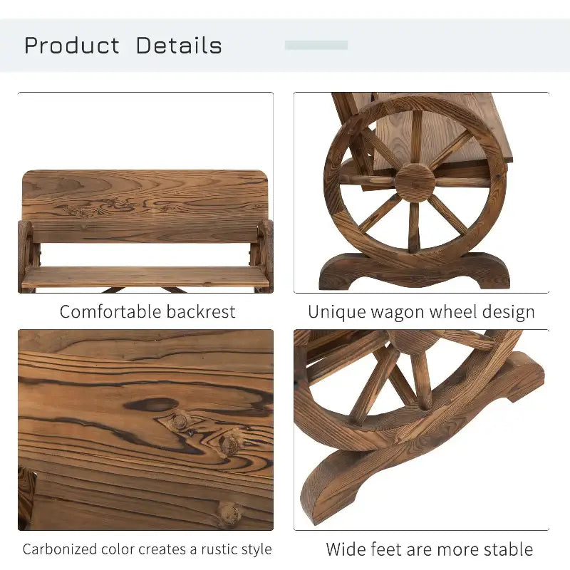 Rustic wood wagon wheel details on the Wood Wagon Wheel Bench showcasing handcrafted wood wagon furniture