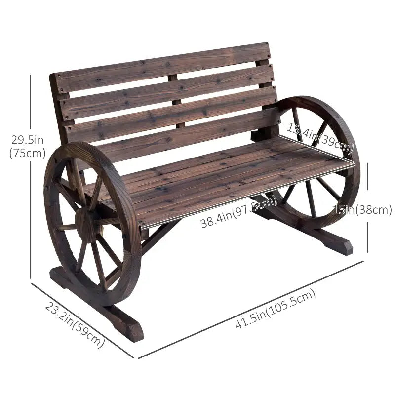 Wood Wagon Wheel Bench showcasing a wooden bench with wagon wheel sides for rustic decor