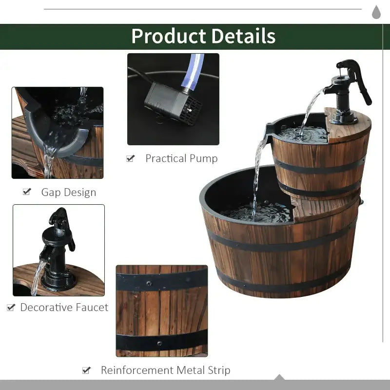 Two-tiered wooden barrel fountain.
