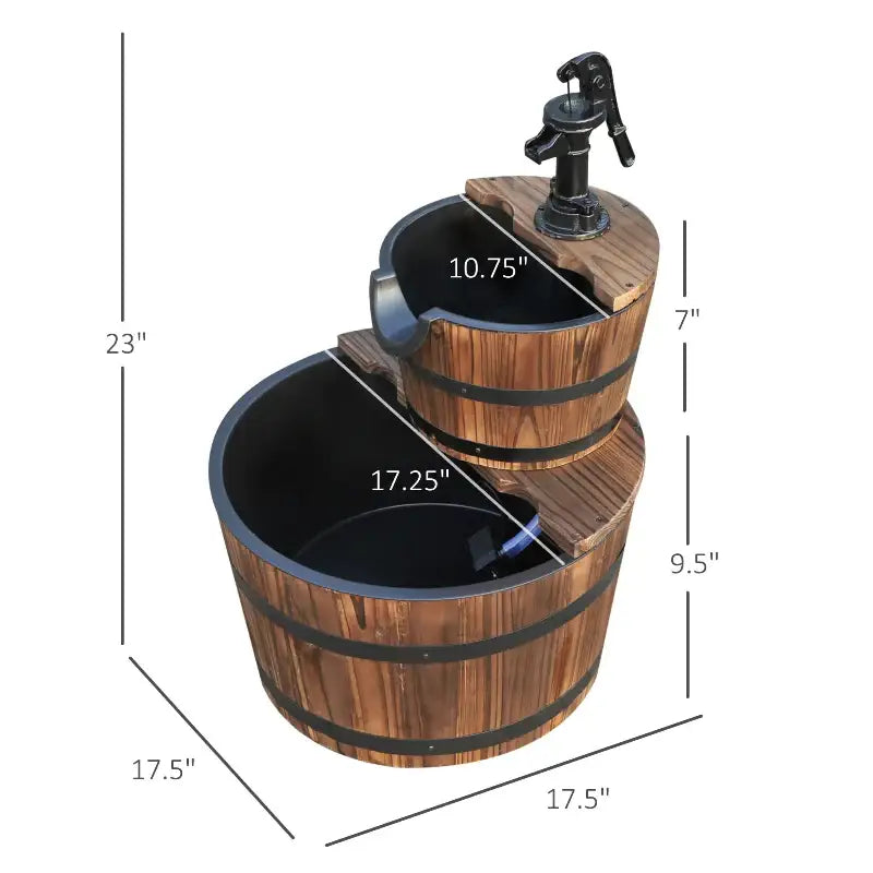 Two-tiered wooden barrel fountain with pump.