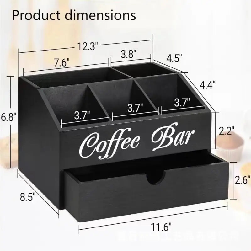 Black wooden coffee station storage box with drawer for organized Coffee Station storage