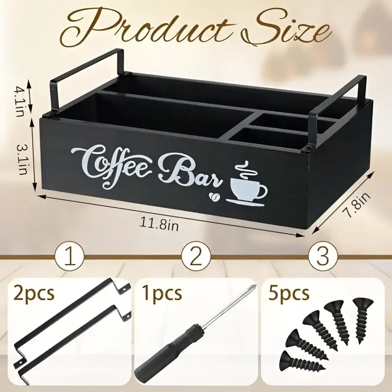 Black wooden coffee station storage box with metal handles and hardware