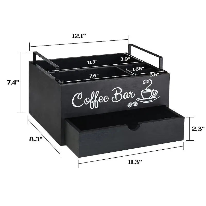 Black wooden coffee station storage box with dimensions for Wooden Coffee Station Display