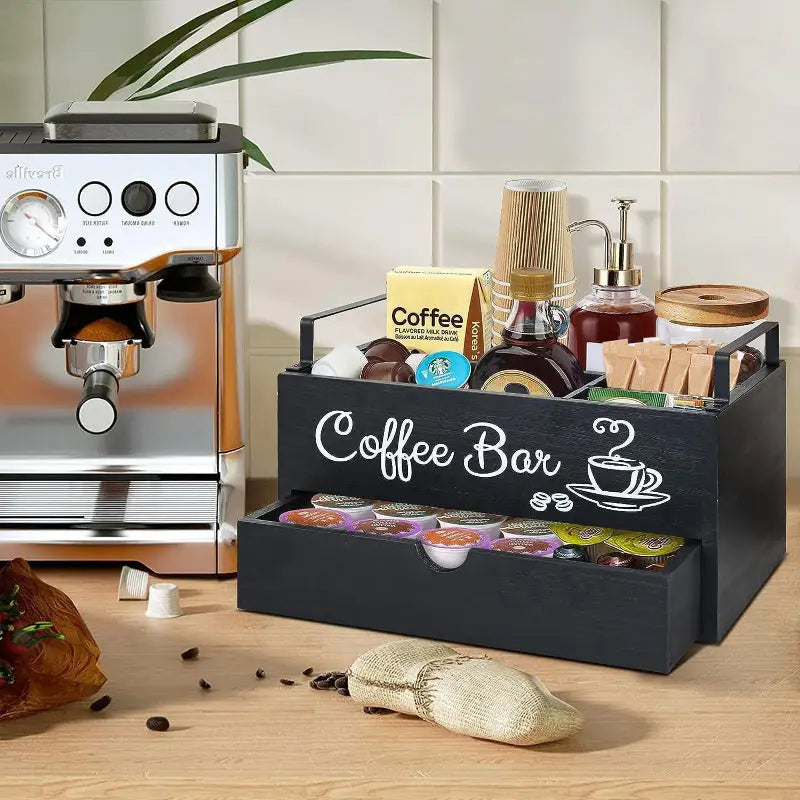 Black coffee bar organizer in a Wooden Coffee Station Storage Box for coffee station storage