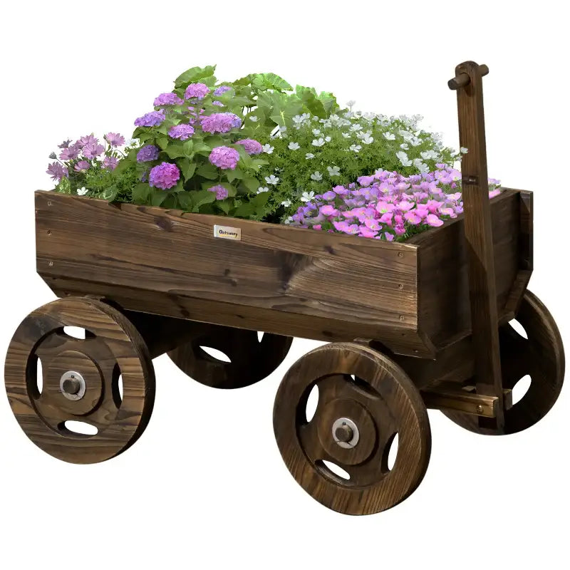 Wooden raised garden bed flower cart with colorful flowers for garden bed decoration
