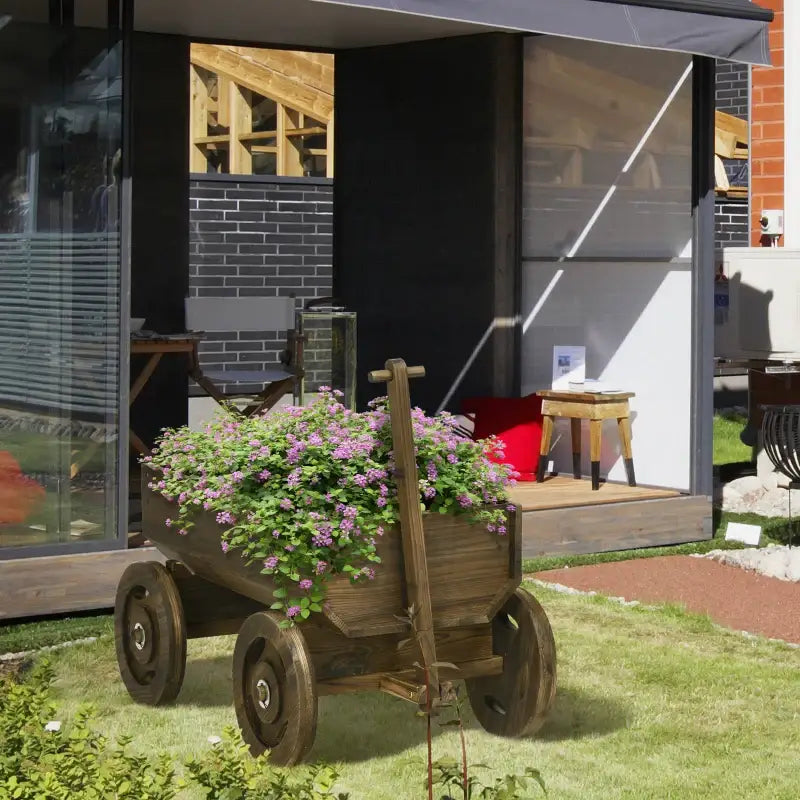 Wooden Raised Garden Bed Flower Cart filled with colorful flowers for garden bed flower display