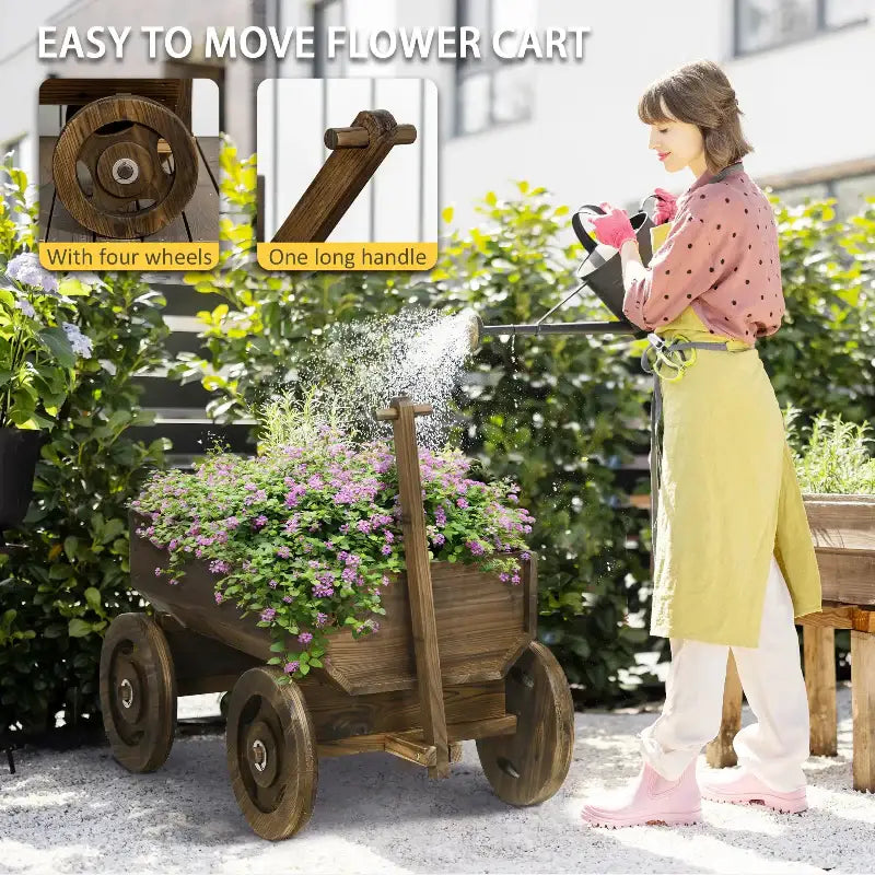 Wooden flower cart with four wheels for raised garden bed and garden bed flower displays