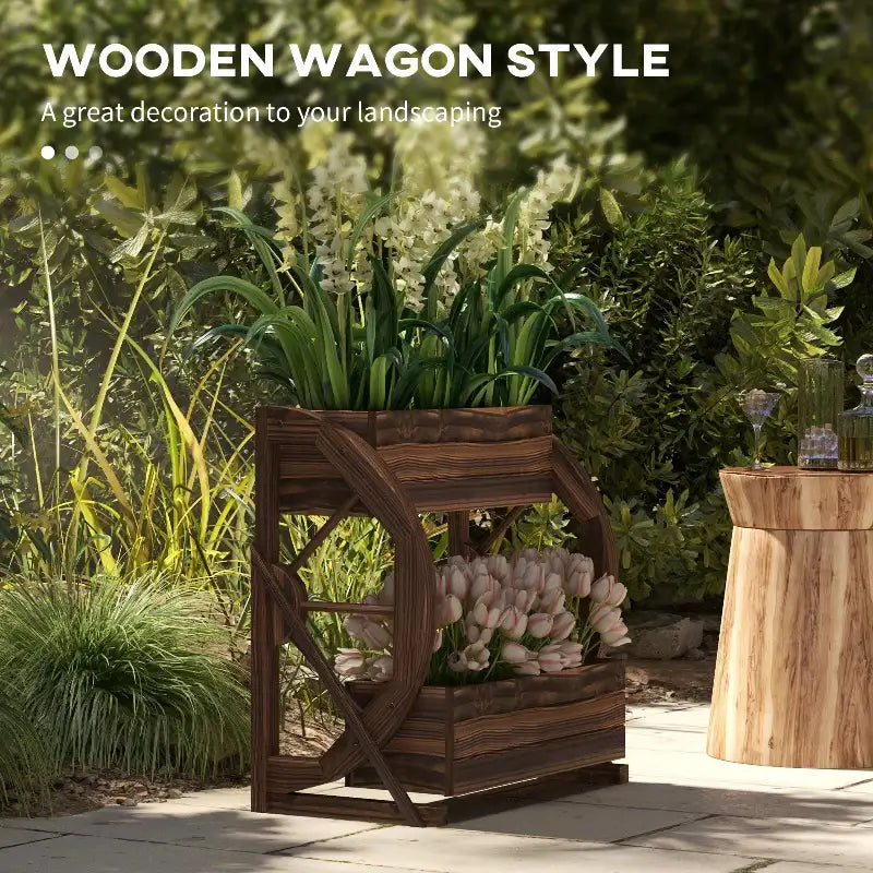 Two-tiered wooden wagon planter box showcasing a charming wooden wagon for gardening