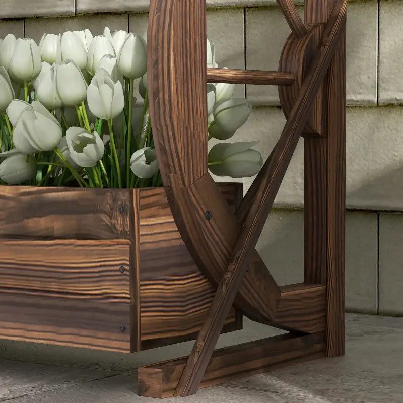 Wooden Wagon Planter Box displayed on a wooden wagon planter stand for garden decor
