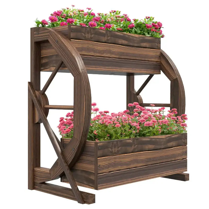 Wooden wagon planter box with two-tiered flower arrangement for outdoor garden display