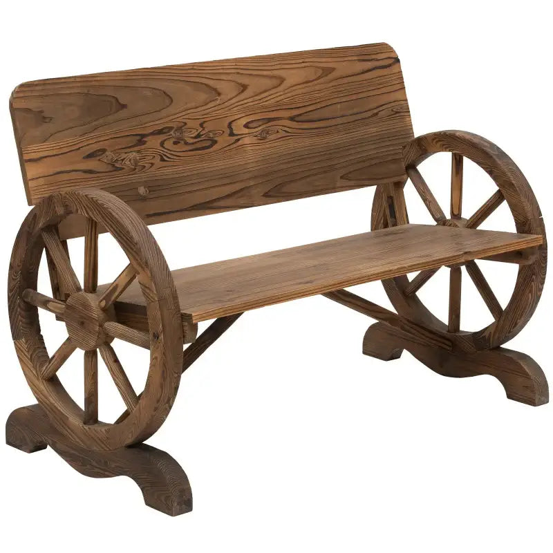 Wooden Wagon Wheel Bench featuring rustic wooden wagon wheel sides for outdoor seating
