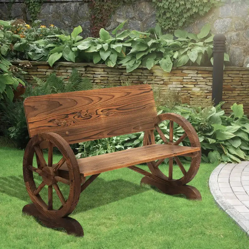Wooden wagon wheel bench made from durable wooden wagon with rustic wooden wagon wheel