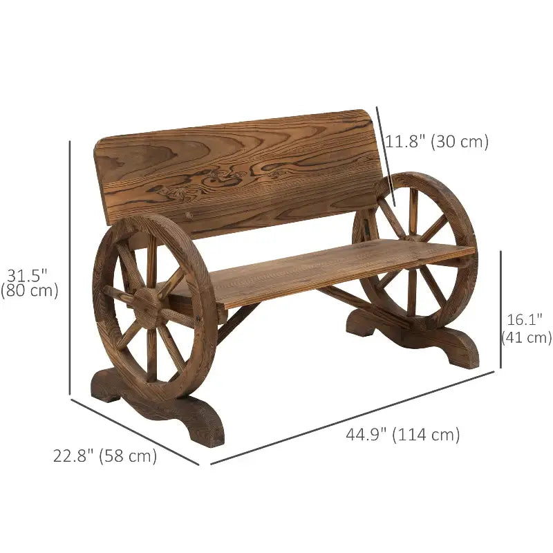 Wooden Wagon Wheel Bench with dimensions showcasing a rustic wooden wagon wheel design
