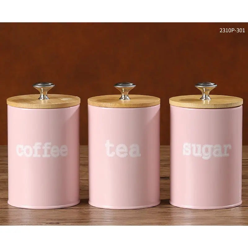 Pink kitchen canisters with wooden lids, wrought iron sealed iron sealed canisters