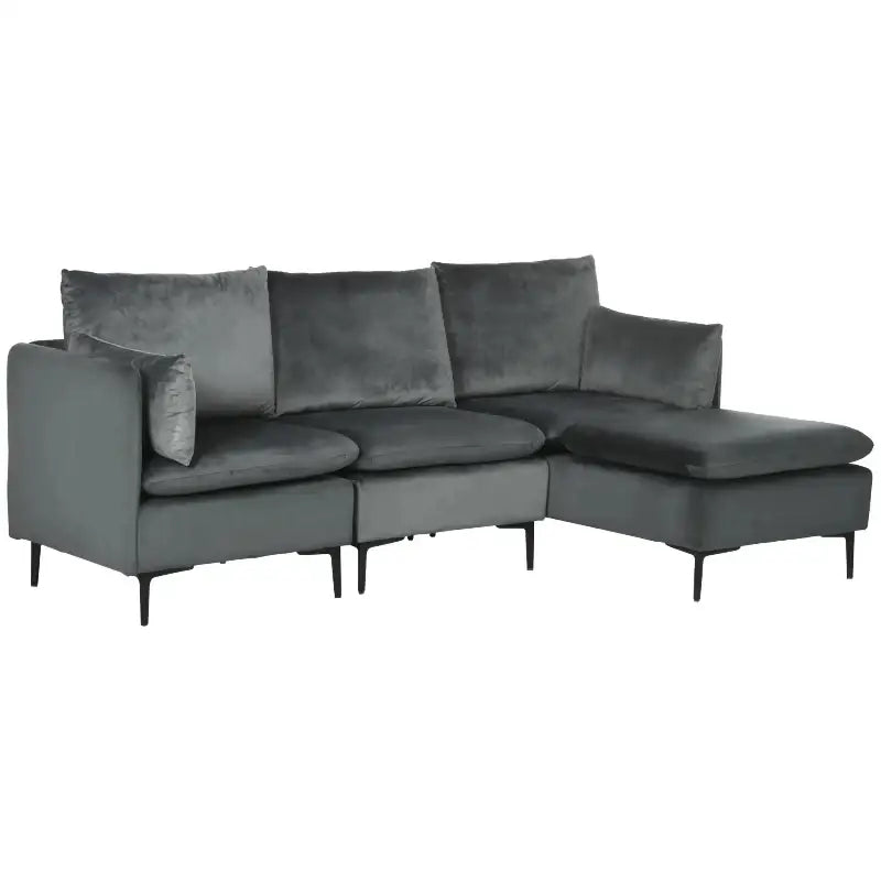 Gray velvet sectional couch with large cushions, Modern Grey L-Shaped Couch with Ottoman CANADA