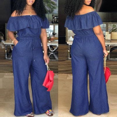 One-shoulder Ruffled One-piece Jean Jumpsuit sleek-selections