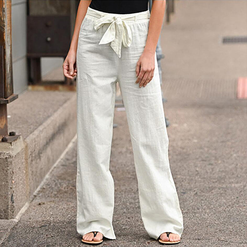 Elastic Waist Solid Color Cotton And Linen Wide-leg Pants Loose Trousers sleek-selections