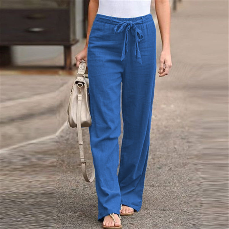 Elastic Waist Solid Color Cotton And Linen Wide-leg Pants Loose Trousers sleek-selections