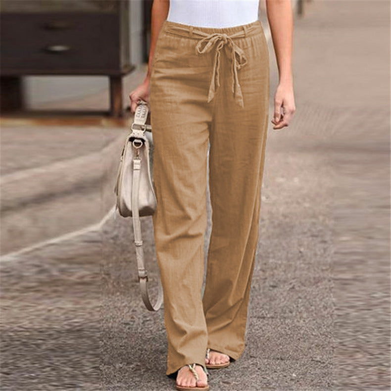 Elastic Waist Solid Color Cotton And Linen Wide-leg Pants Loose Trousers sleek-selections