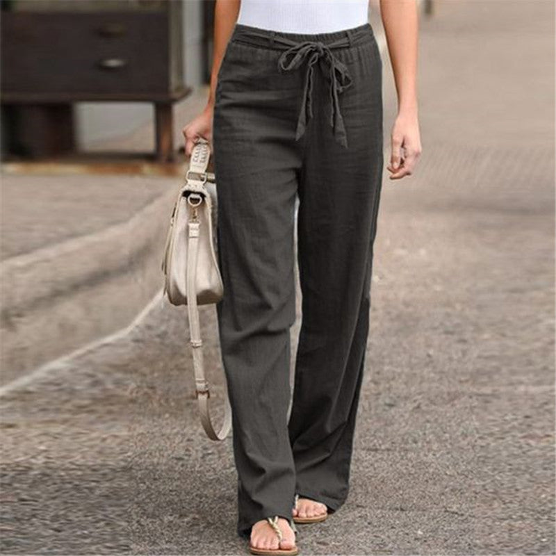 Elastic Waist Solid Color Cotton And Linen Wide-leg Pants Loose Trousers sleek-selections