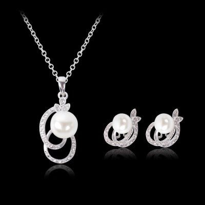 Pearl And Diamond Necklace And Earrings Two-piece Set sleek-selections