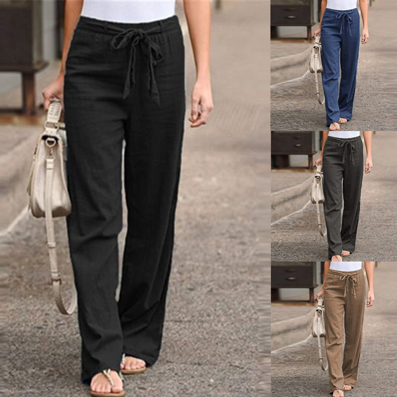 Elastic Waist Solid Color Cotton And Linen Wide-leg Pants Loose Trousers sleek-selections