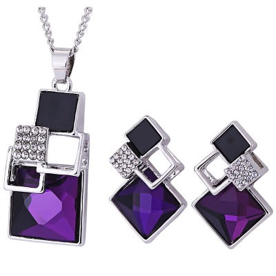 Diamond Square Crystal Earrings Necklace Two-piece Set sleek-selections