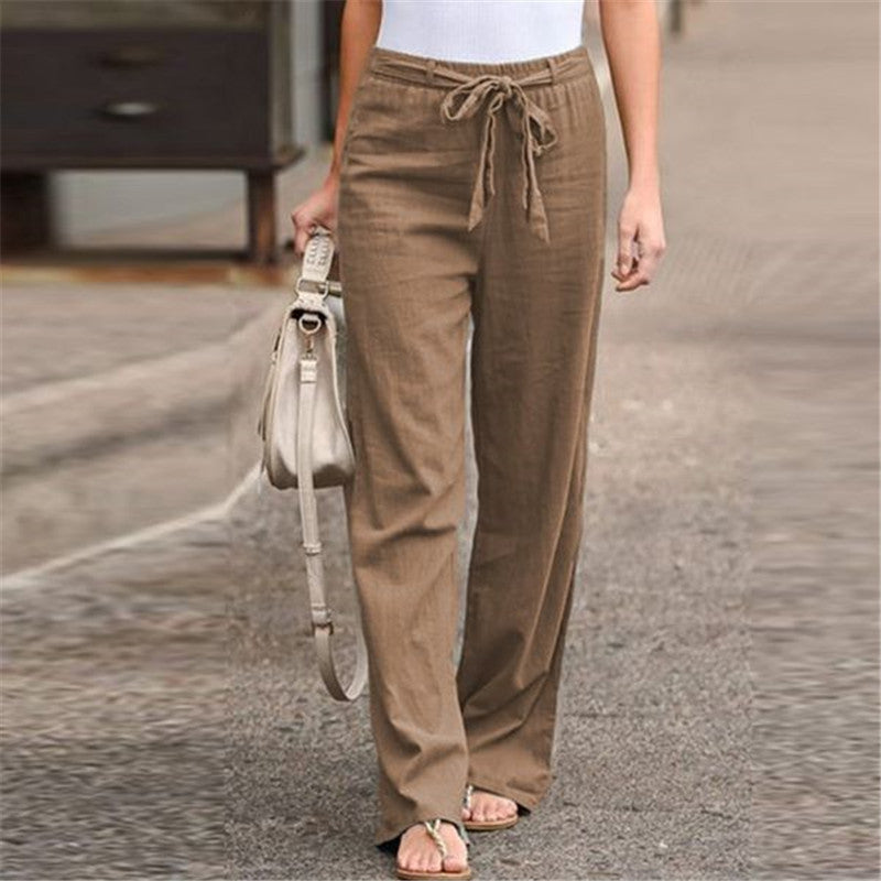 Elastic Waist Solid Color Cotton And Linen Wide-leg Pants Loose Trousers sleek-selections